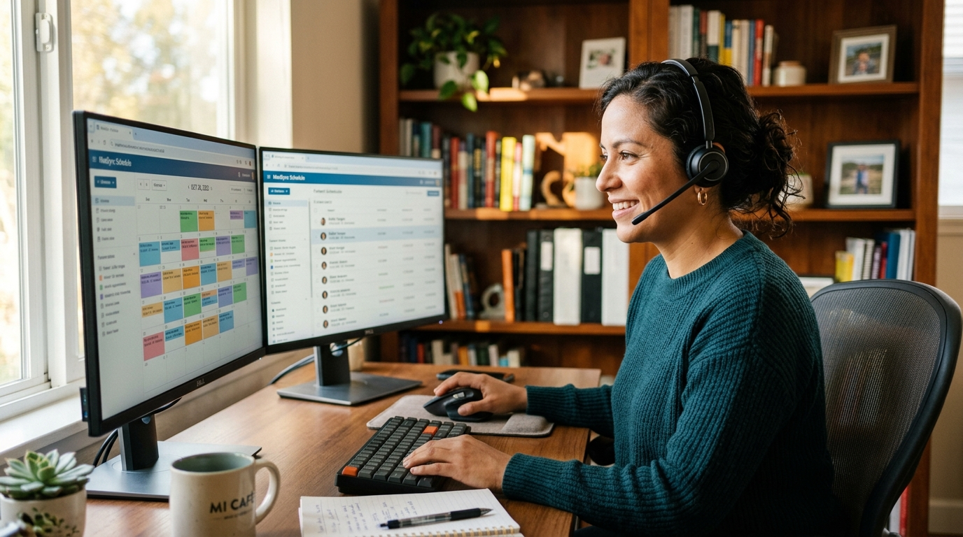 Latin American medical virtual assistant reviewing patient scheduling software on dual monitors in a professional nearshore home office setup