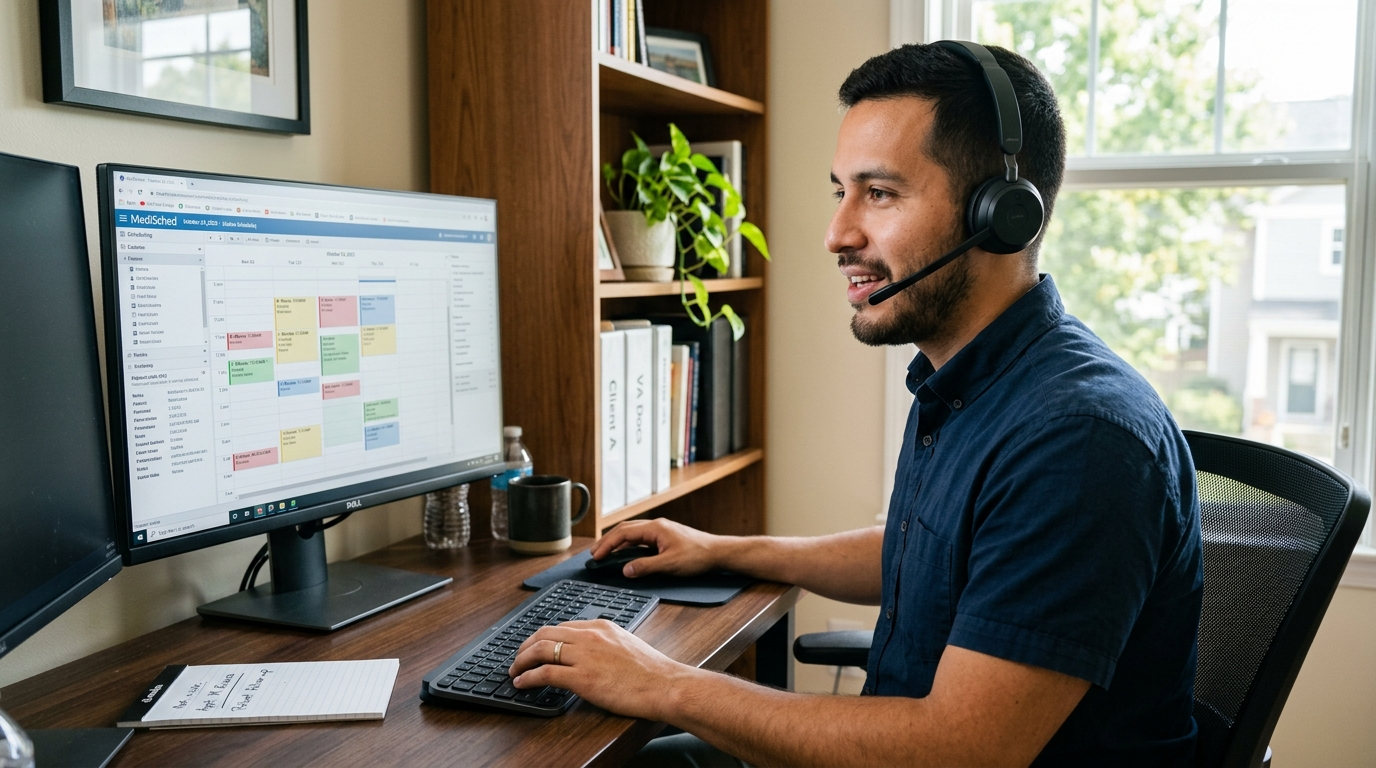 Nearshore medical VA on a patient scheduling call reviewing appointment management software in a Latin American home office