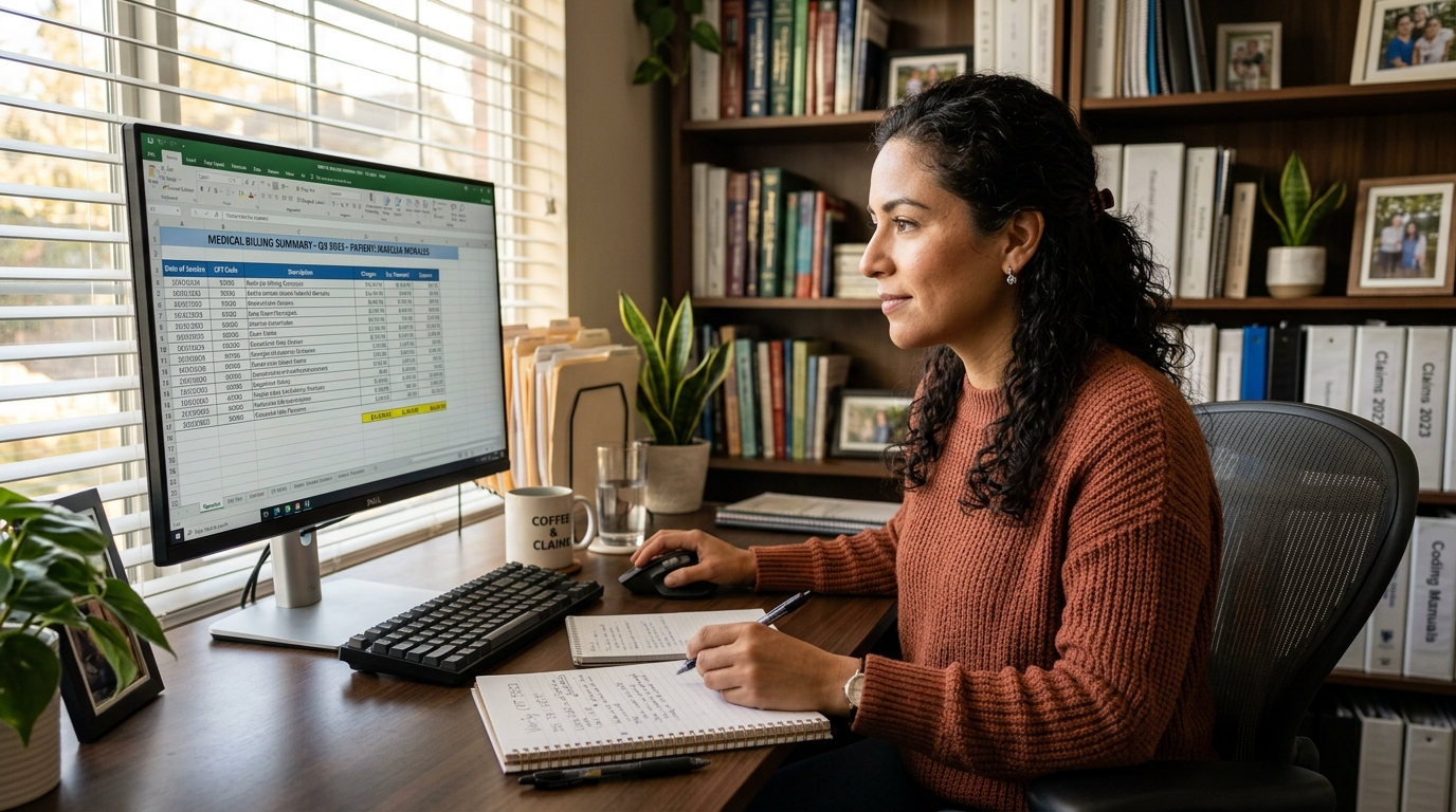 Nearshore Latin American medical billing VA reviewing patient insurance documents in a home office with professional lighting
