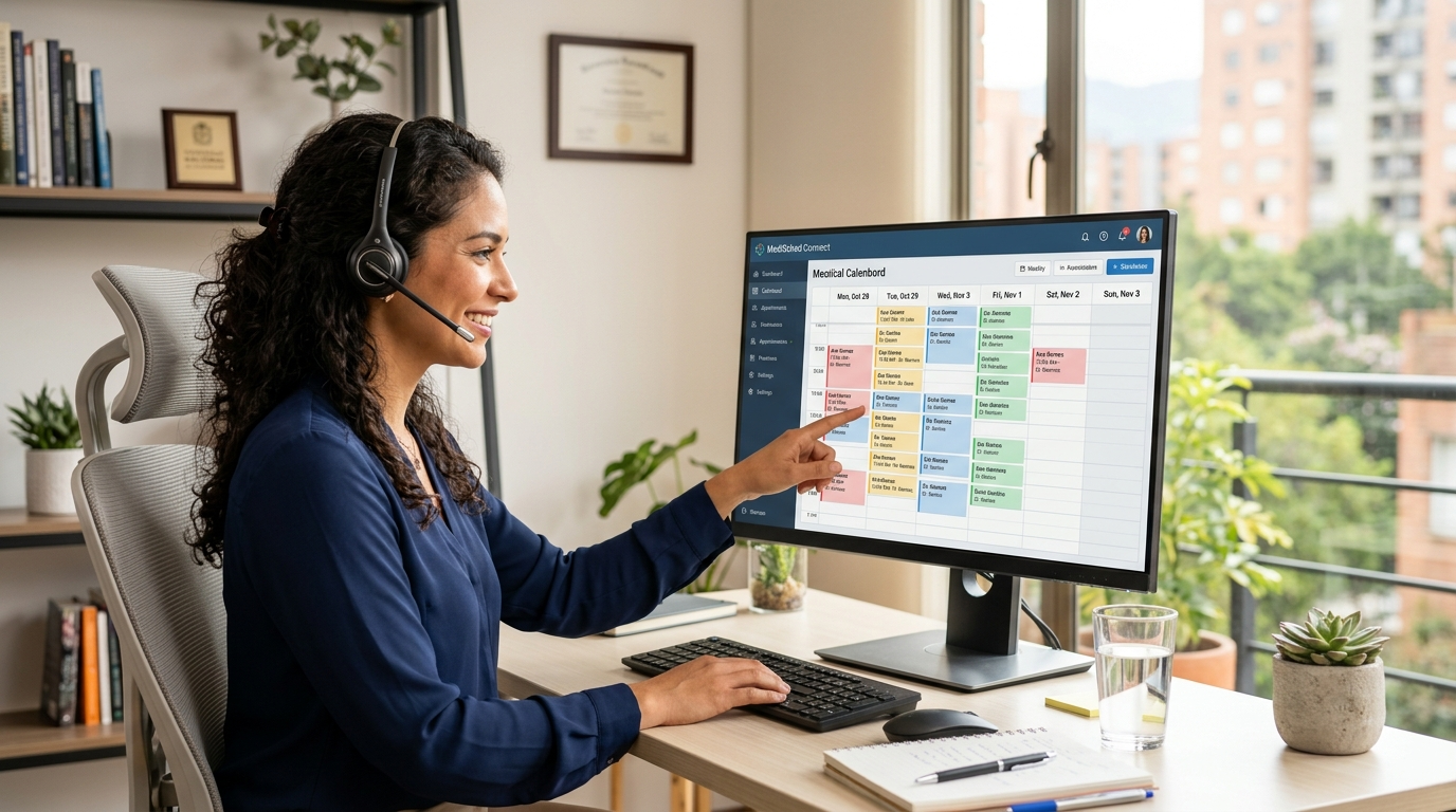 Latin American medical virtual assistant reviewing patient scheduling dashboard, illustrating medical VA hourly vs monthly pricing comparison 2026