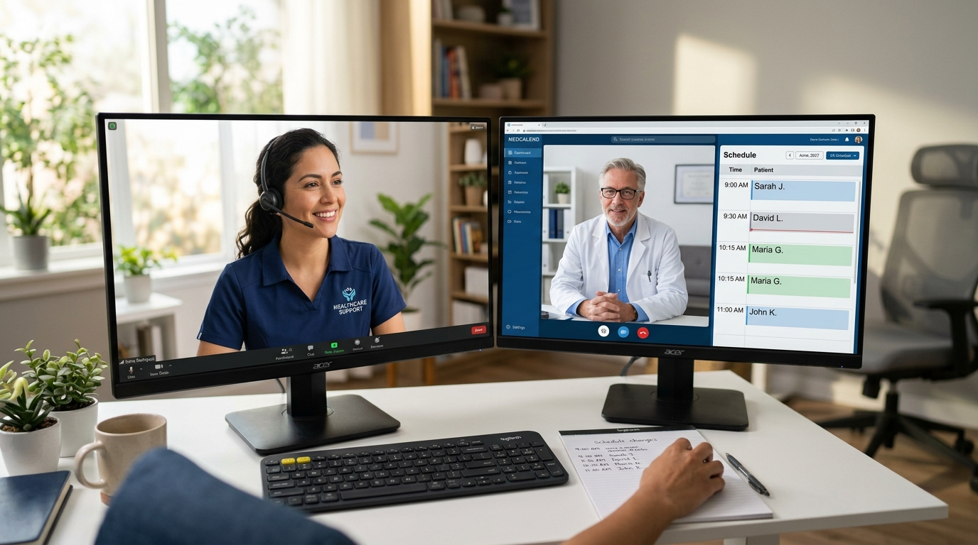Nearshore medical VA on video call with US physician reviewing patient scheduling software, hourly vs monthly pricing context