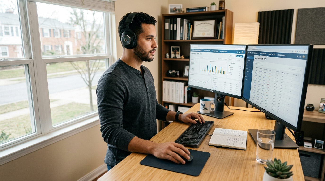 Nearshore medical VA managing medical billing workflow on dual monitors, representing monthly flat-rate VA pricing model 2026