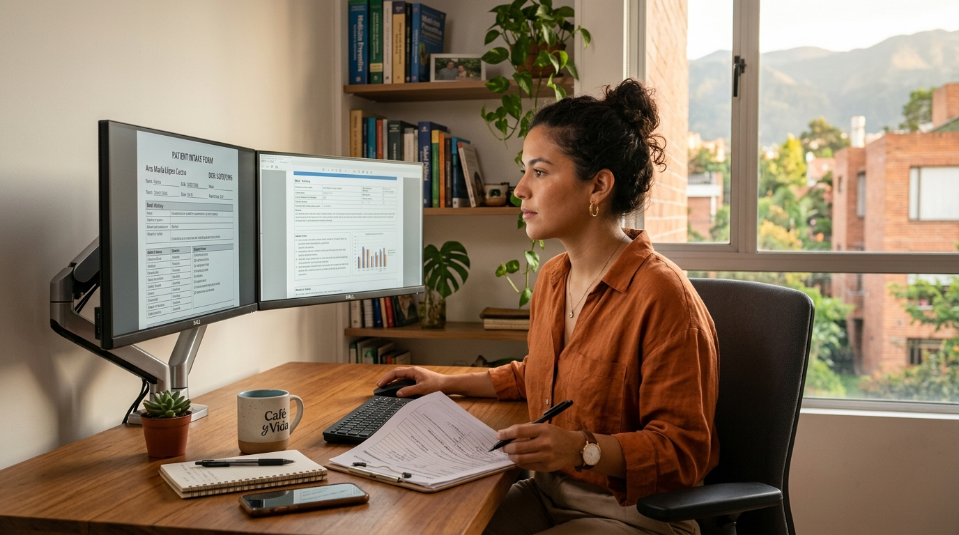 Latin American medical virtual assistant reviewing patient intake data on dual monitors, nearshore VA working US business hours
