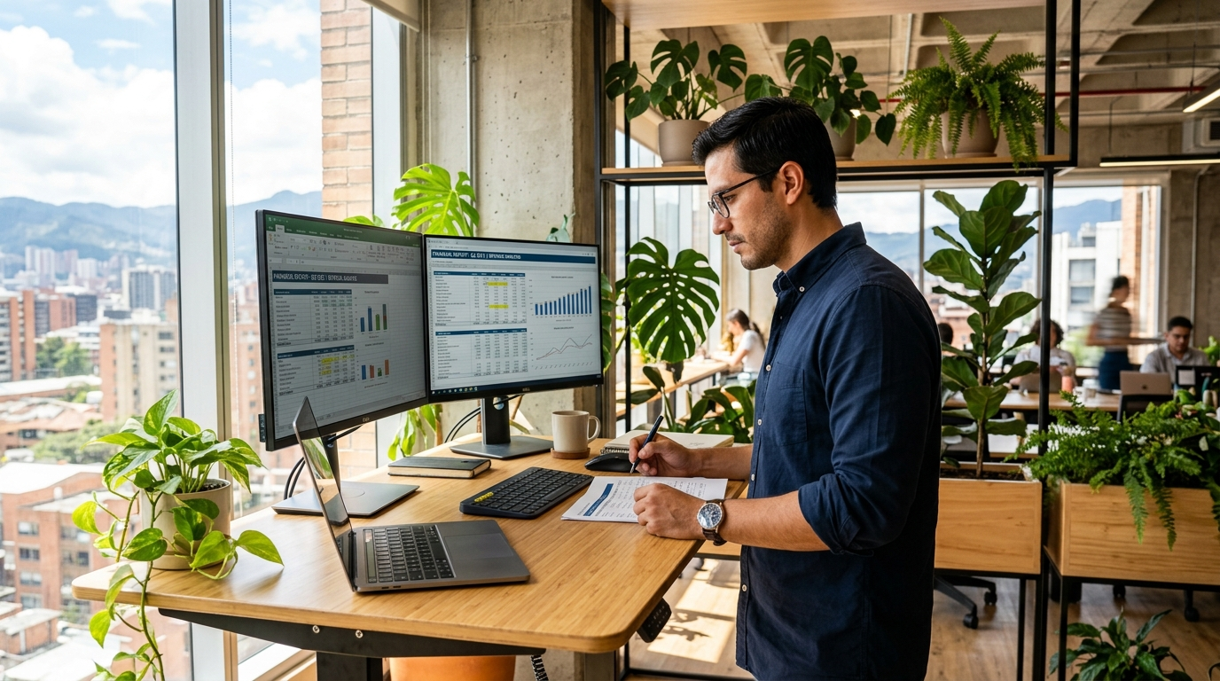 Colombian or Argentine nearshore virtual assistant reviewing financial reports on dual monitors at a modern Latin American co-working space
