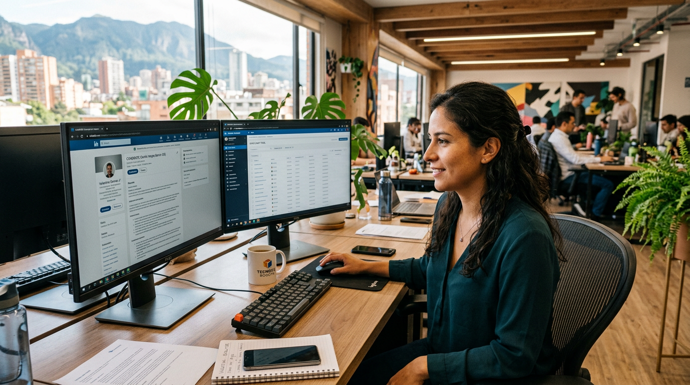Mobile app developer recruiter reviewing candidate profiles on dual monitors in a modern Latin American tech office, 2026