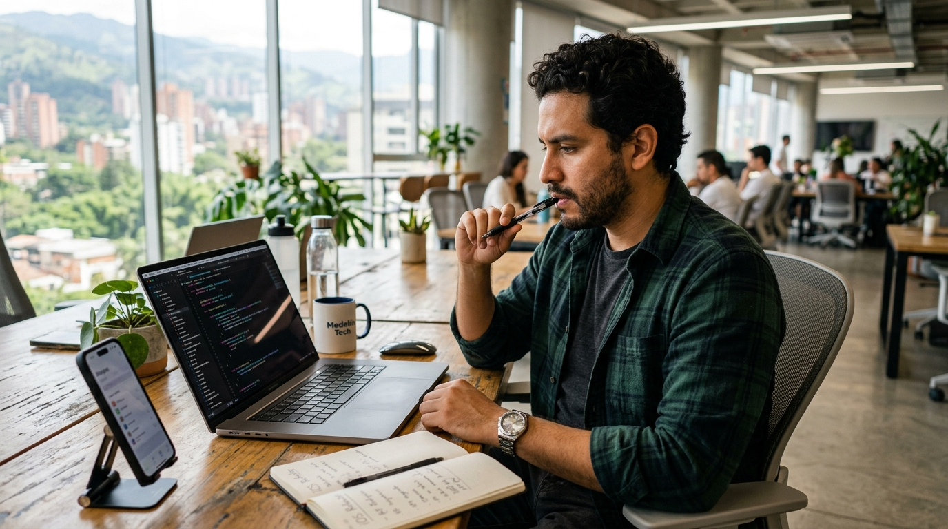 Nearshore Latin American mobile app developer reviewing Swift code on MacBook Pro in a Medellín coworking space