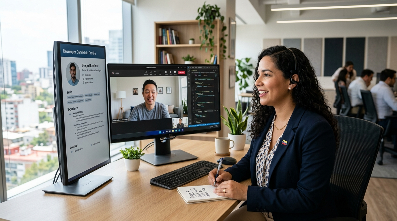 Nearshore mobile app developer recruiter conducting a video screen with a US product manager, reviewing candidate code samples