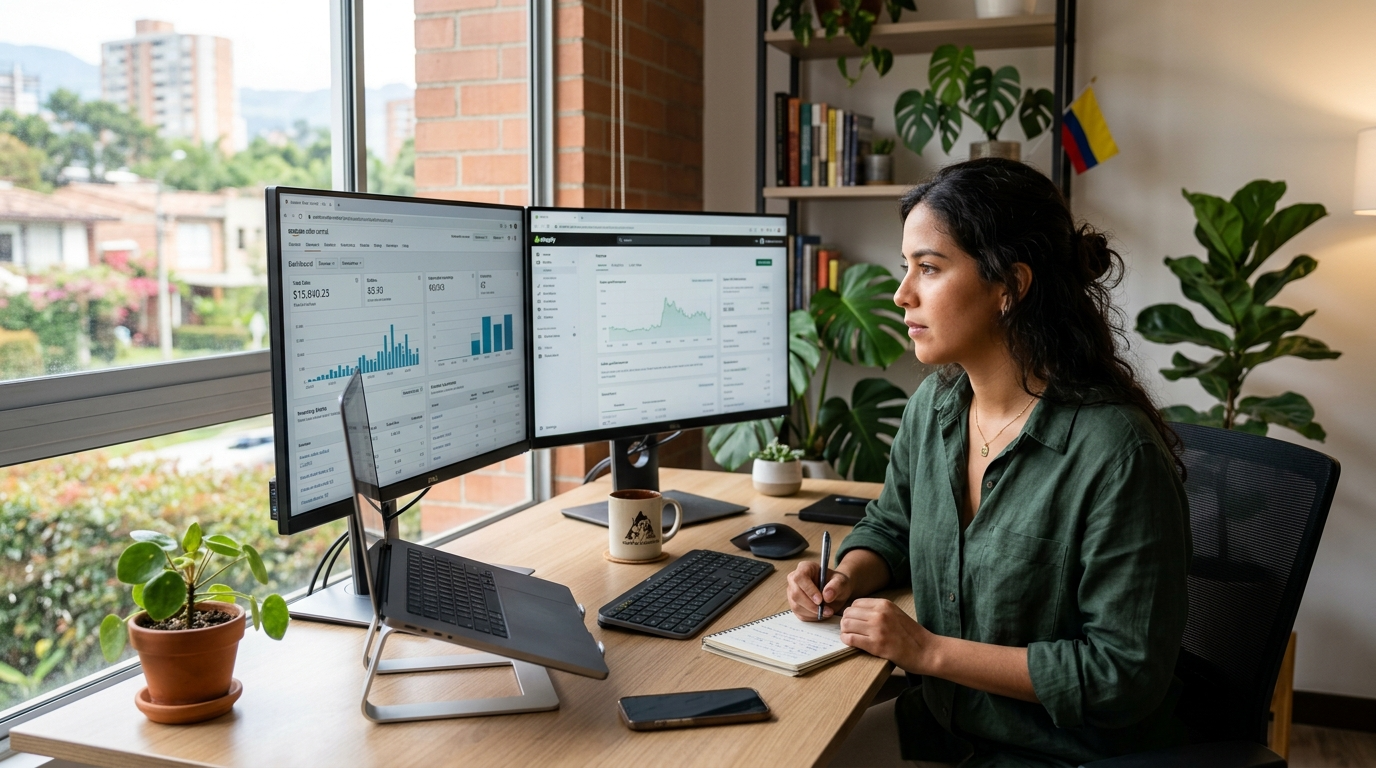 Latin American multichannel ecommerce virtual assistant managing Amazon and Shopify dashboards from a modern home office
