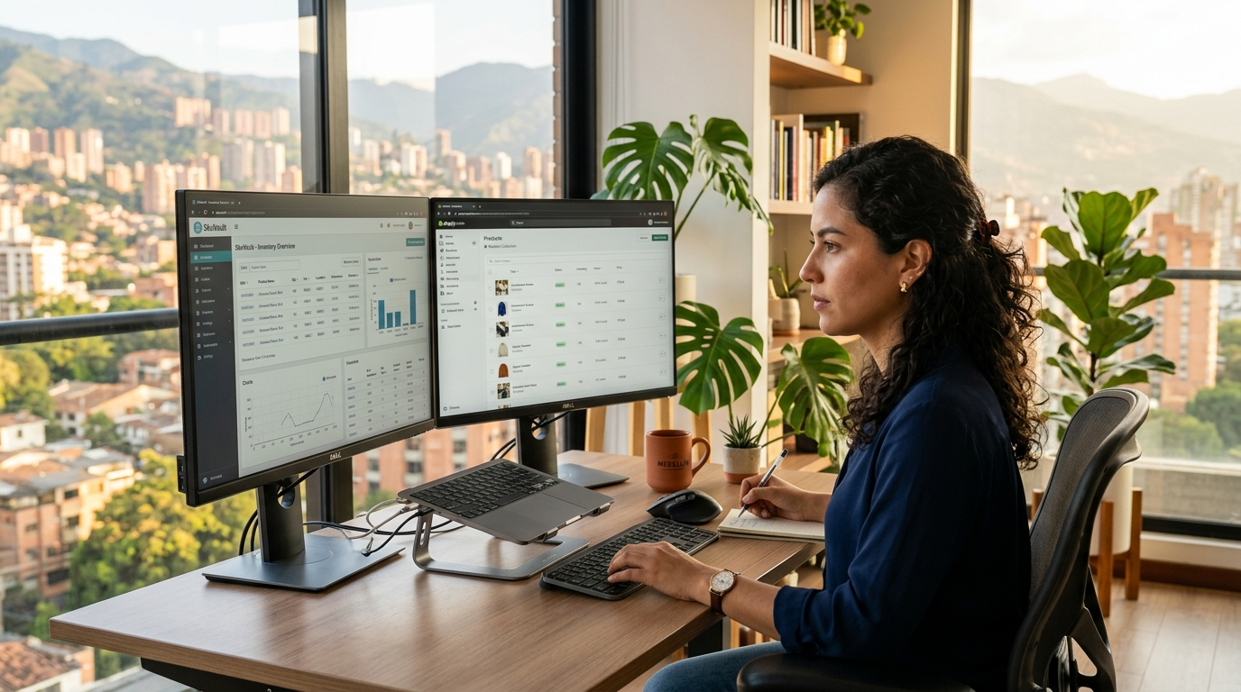 Nearshore ecommerce VA monitoring multichannel inventory levels across Shopify and SkuVault dashboards from Latin America