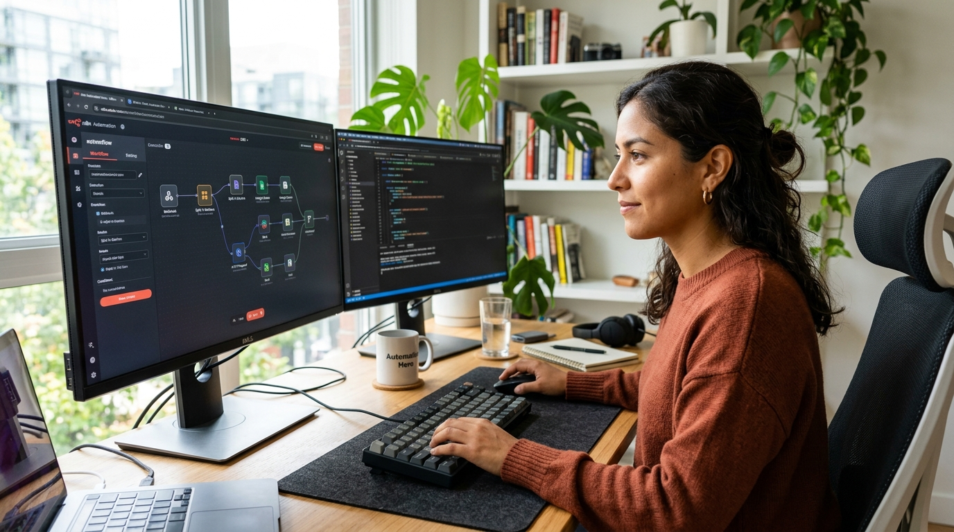 Nearshore n8n workflow virtual assistant building an automation in a Latin American home office, dual monitors visible