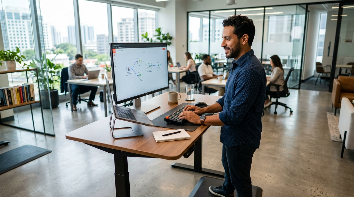 n8n workflow virtual assistant configuring webhook and Slack automation nodes on a large monitor in a Latin American coworking space