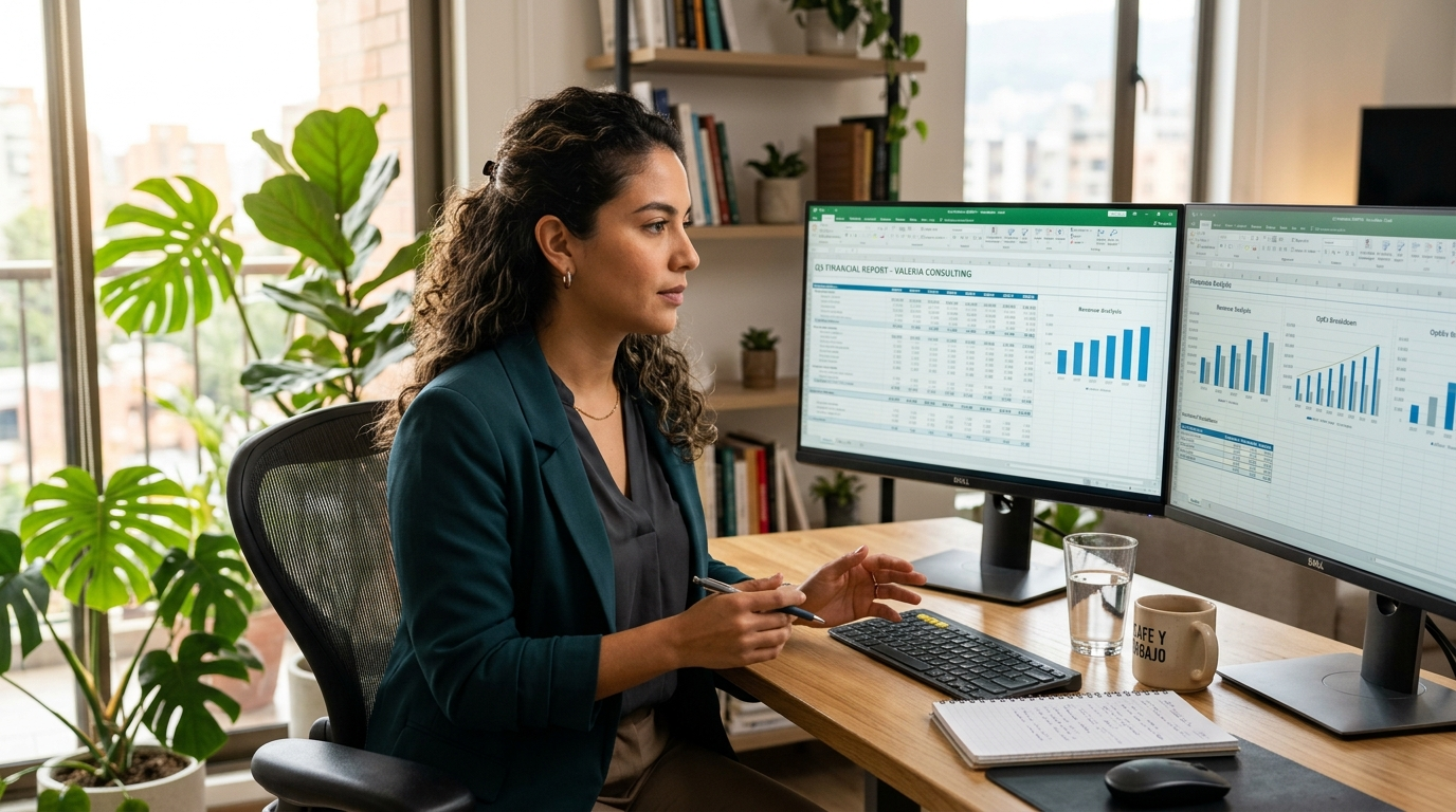 Nearshore accountant in Latin America reviewing financial reports on dual monitors in a modern home office
