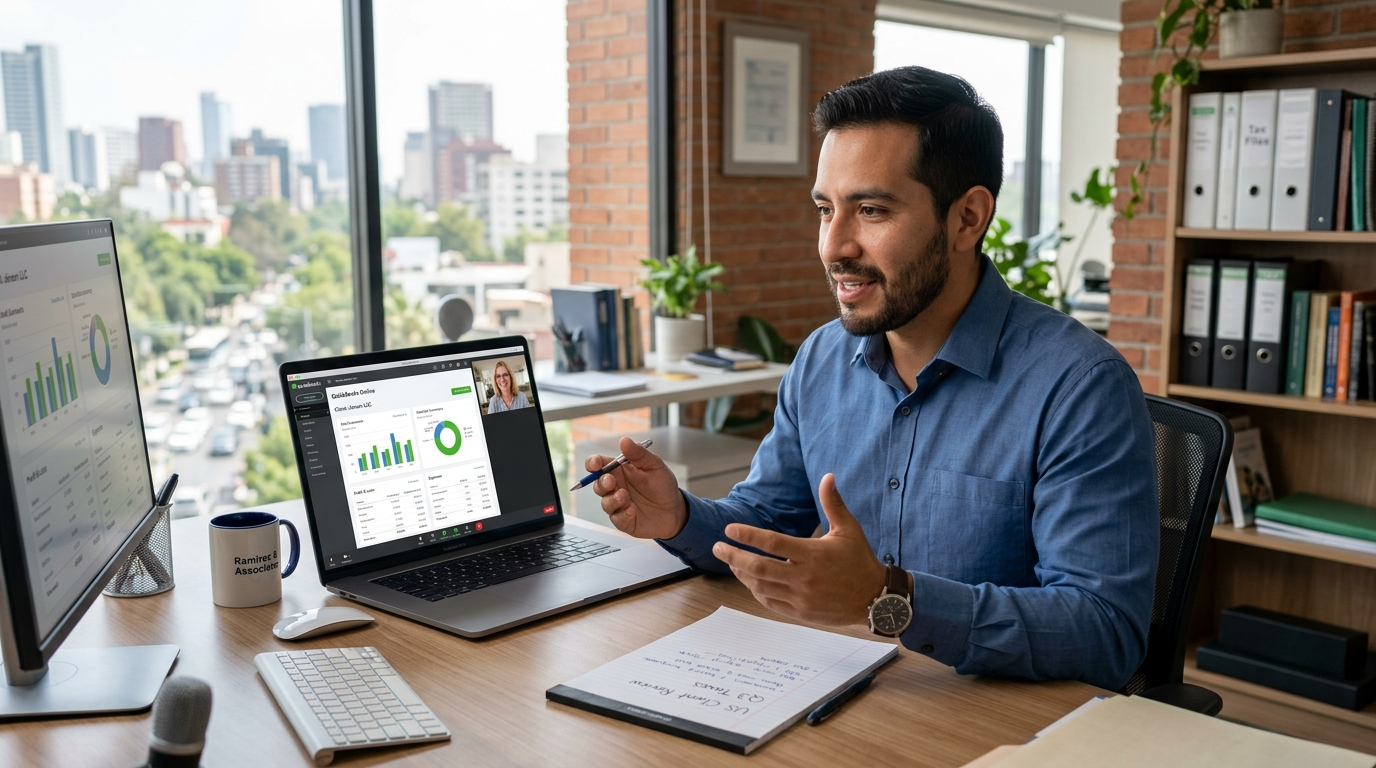 Nearshore accountant in Latin America on a video call reviewing QuickBooks data with a US business client