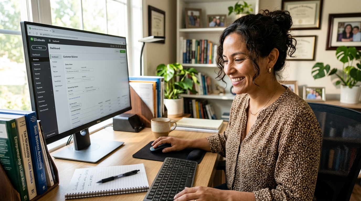 Nearshore accountant in Latin America managing QuickBooks in a professional home office setup