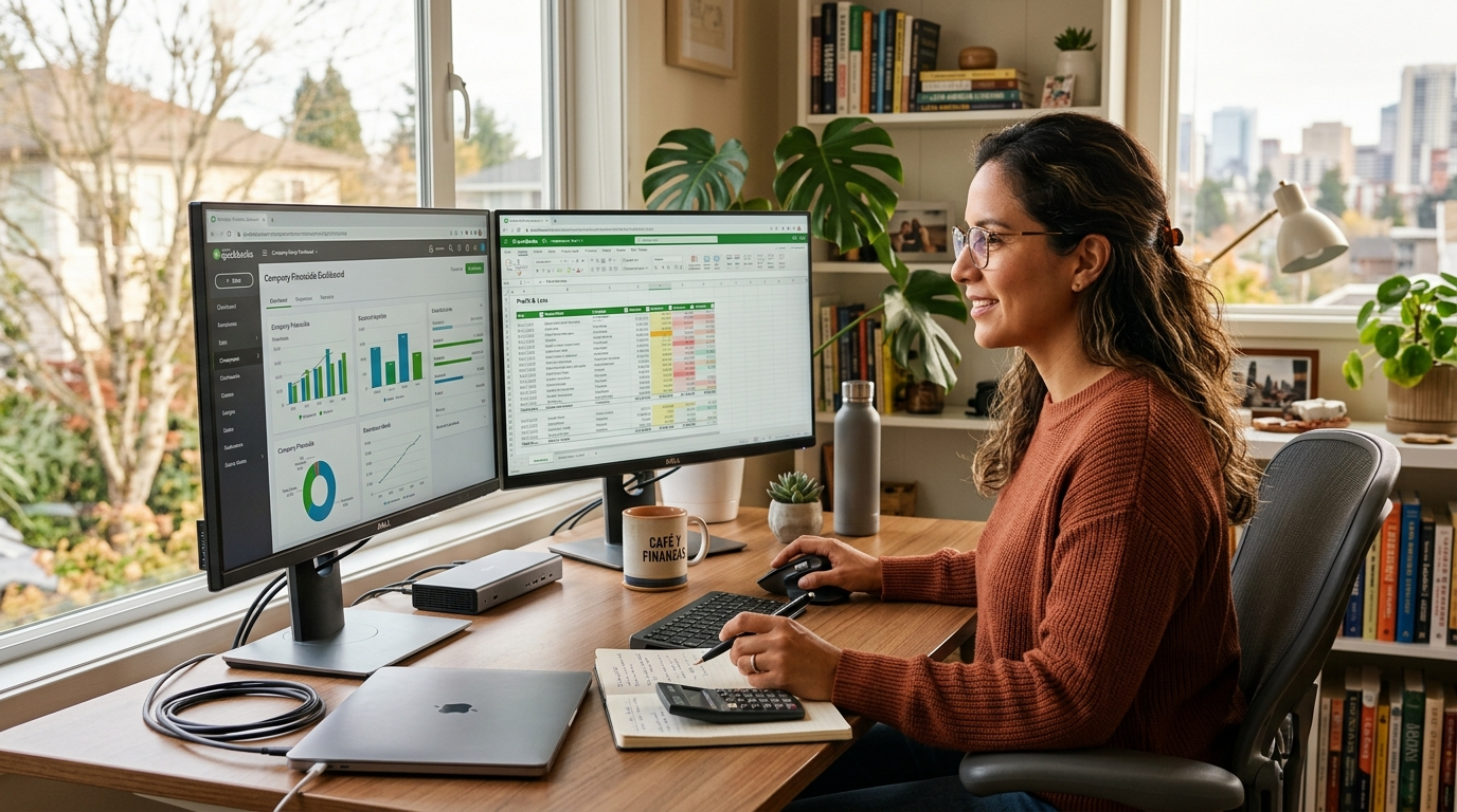 Latin American accounting professional reviewing QuickBooks data at a nearshore accounting company workstation, dual monitors, natural light