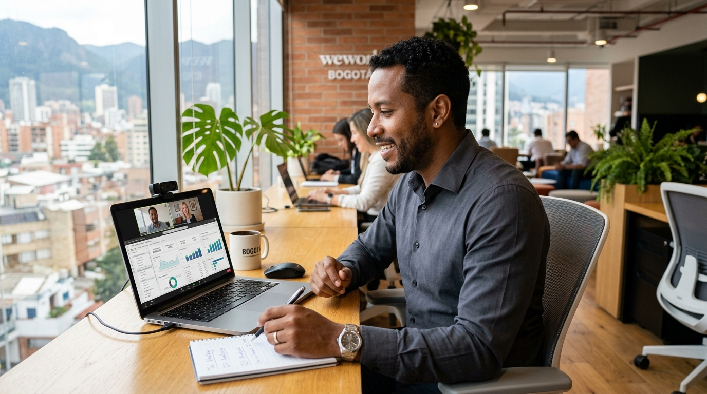 Nearshore accounting company team member on live video call with US client, reviewing financial dashboard during business hours