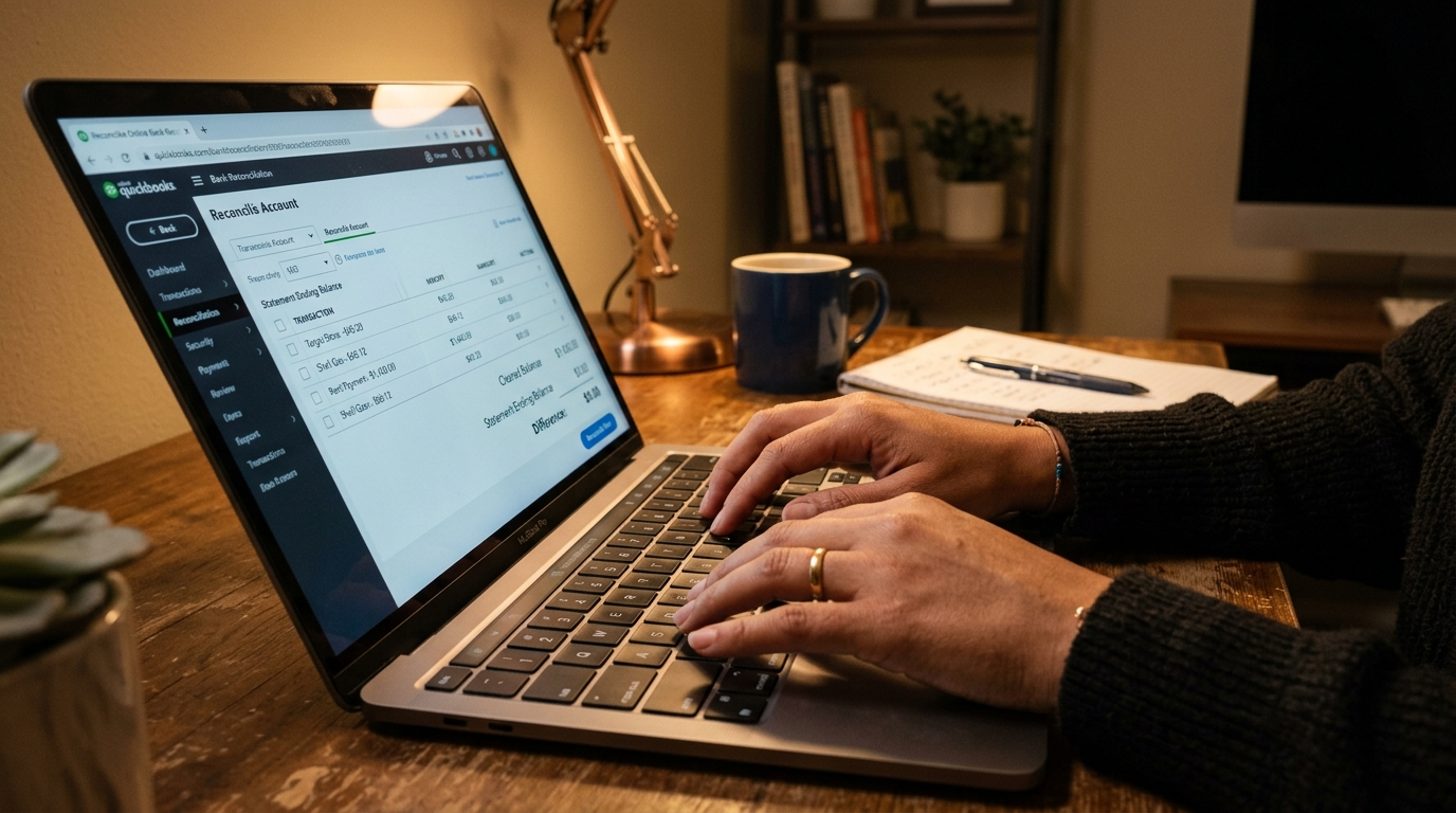 Nearshore accounting company staff member completing QuickBooks bank reconciliation, AI-assisted workflow on laptop screen