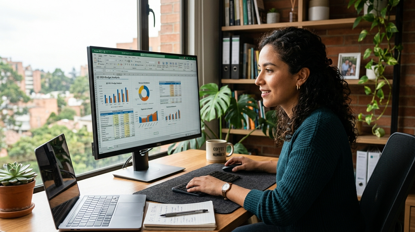 Latin American nearshore accounting professional reviewing financial reports on a monitor in a well-lit home office