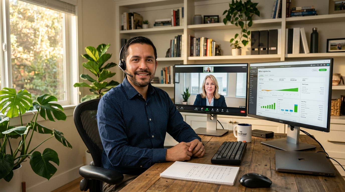 Nearshore accountant on a video call with a US client, QuickBooks dashboard visible on dual monitors