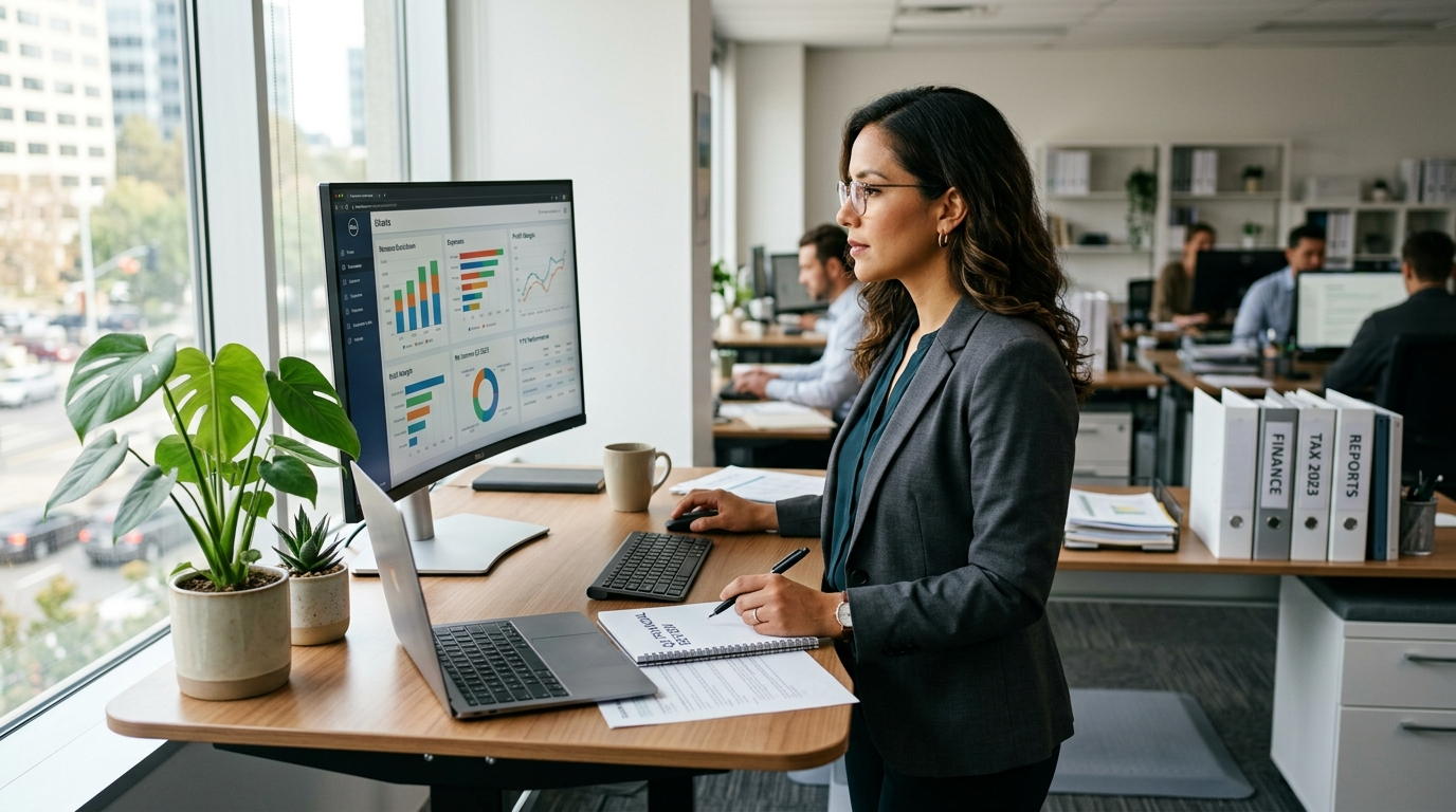 Latin American nearshore accounting professional reviewing a financial dashboard at a modern standing desk