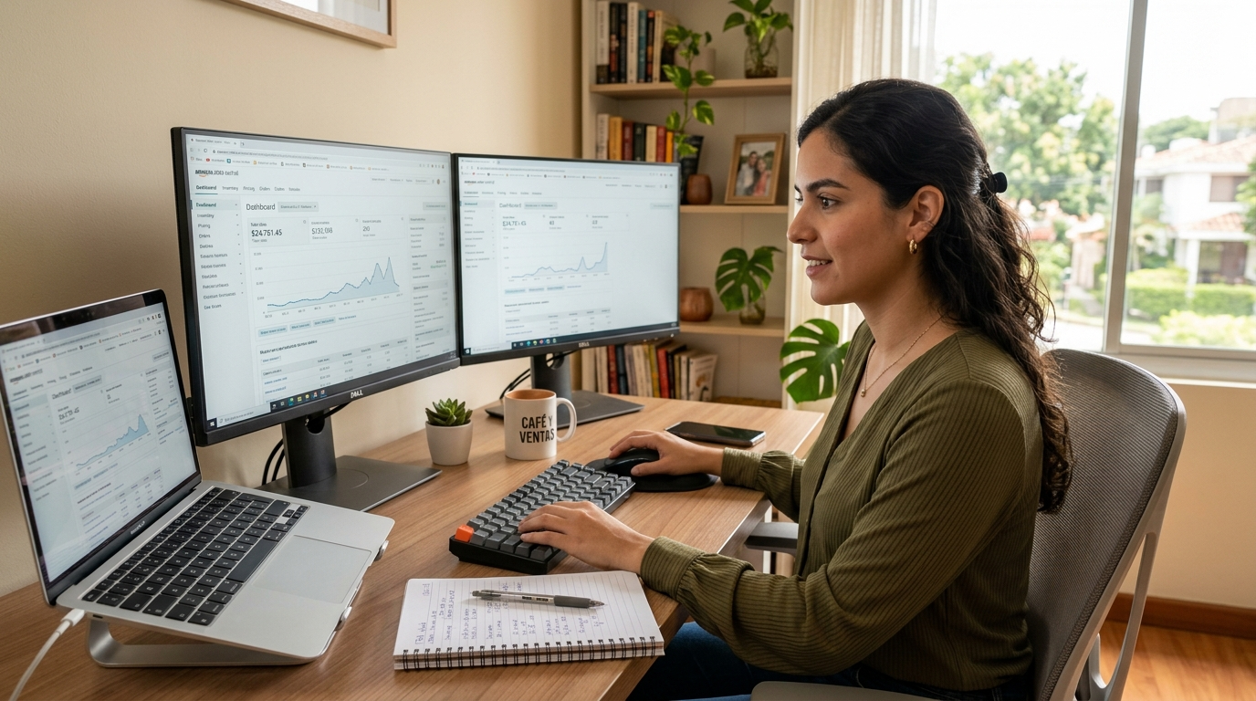 Nearshore Amazon FBA VA reviewing Seller Central dashboard at a Latin American home office, dual monitors, natural light