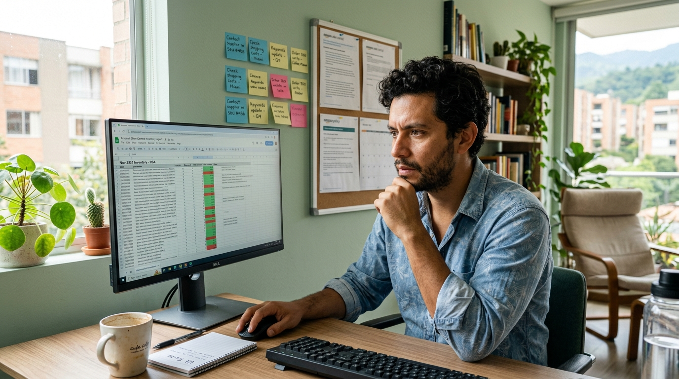 Nearshore Amazon FBA virtual assistant reviewing inventory spreadsheet on monitor in Latin American home office