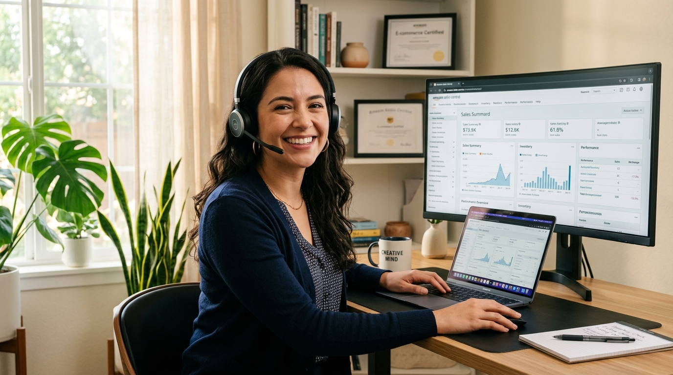 Nearshore Amazon FBA VA on headset at Latin American home office with Seller Central visible on screen