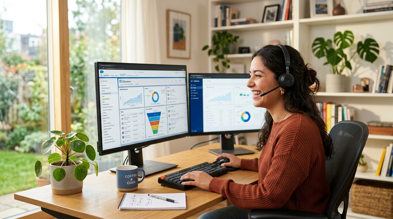 Nearshore appointment setter in a Latin American home office working on a CRM dashboard during US business hours