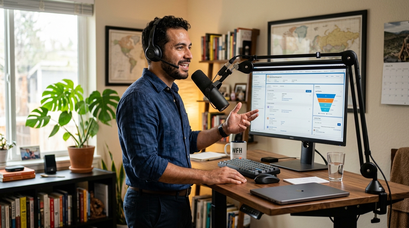 Nearshore appointment setter on an outbound sales call with CRM dashboard visible on monitor