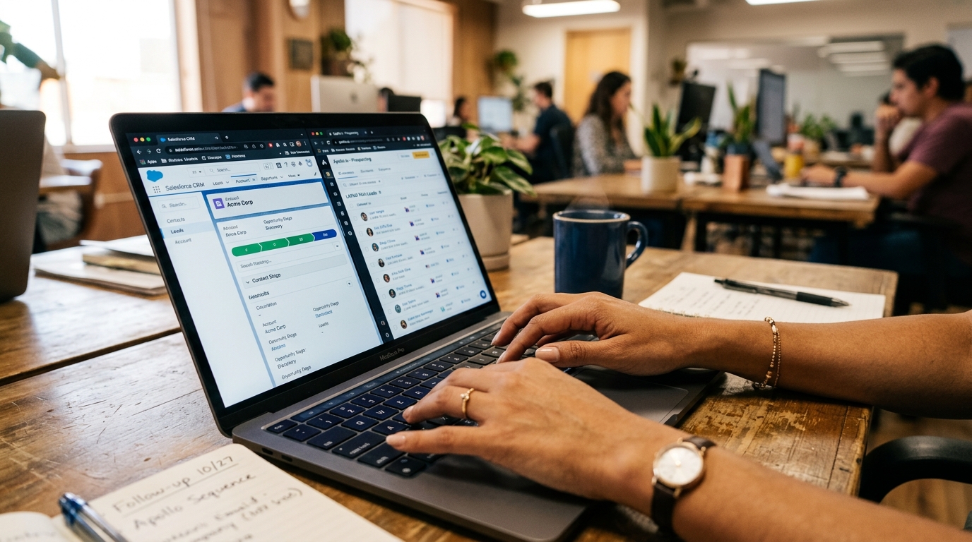Nearshore appointment setter using Apollo CRM and prospecting software during an active outbound session