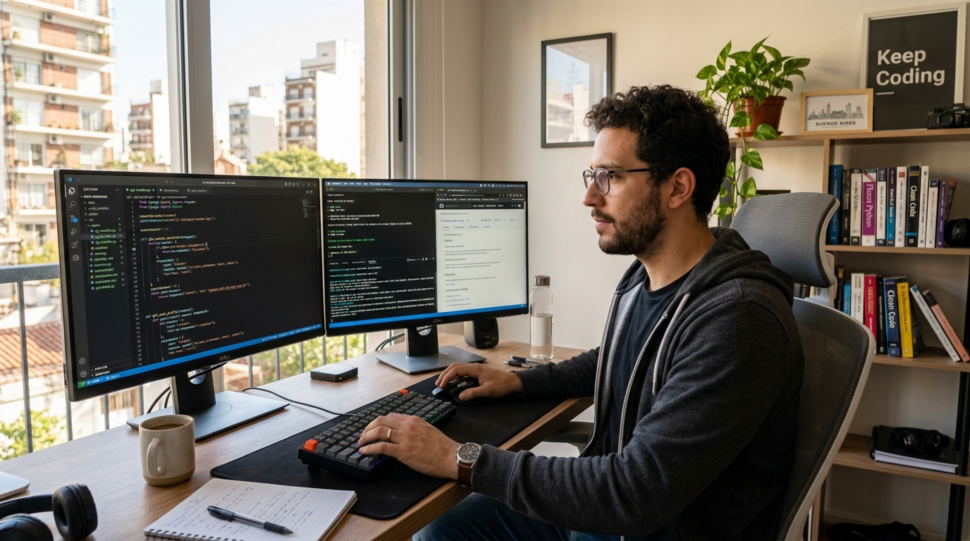 Nearshore backend developer for hire working at dual monitors with API code visible, modern Latin American home office, 2026