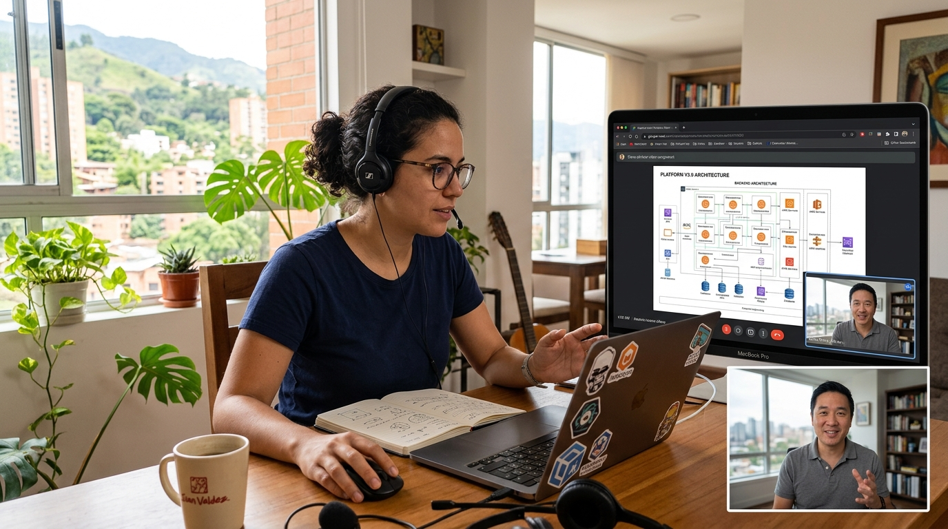Nearshore backend developer on video call with US product manager reviewing API architecture, real-time collaboration in 2026