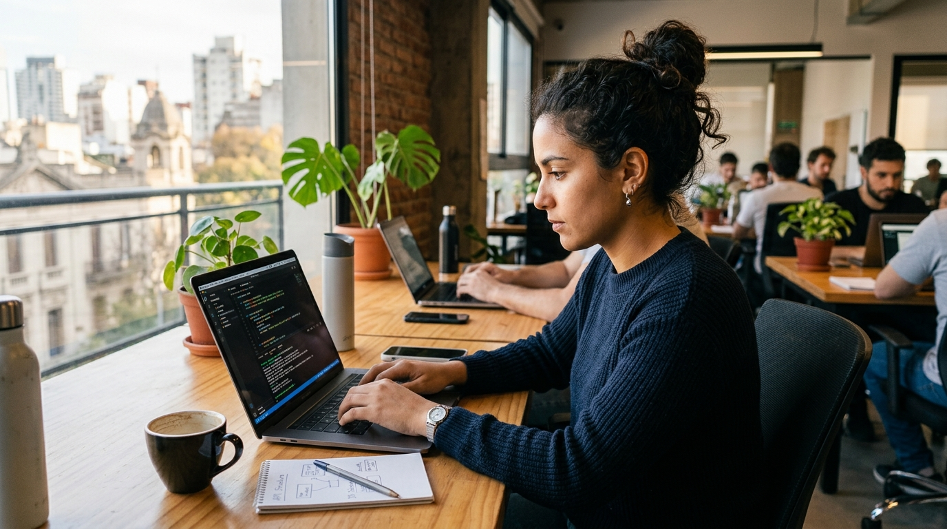 Latin American female nearshore backend developer writing code in Buenos Aires co-working space, 2026 tech hiring
