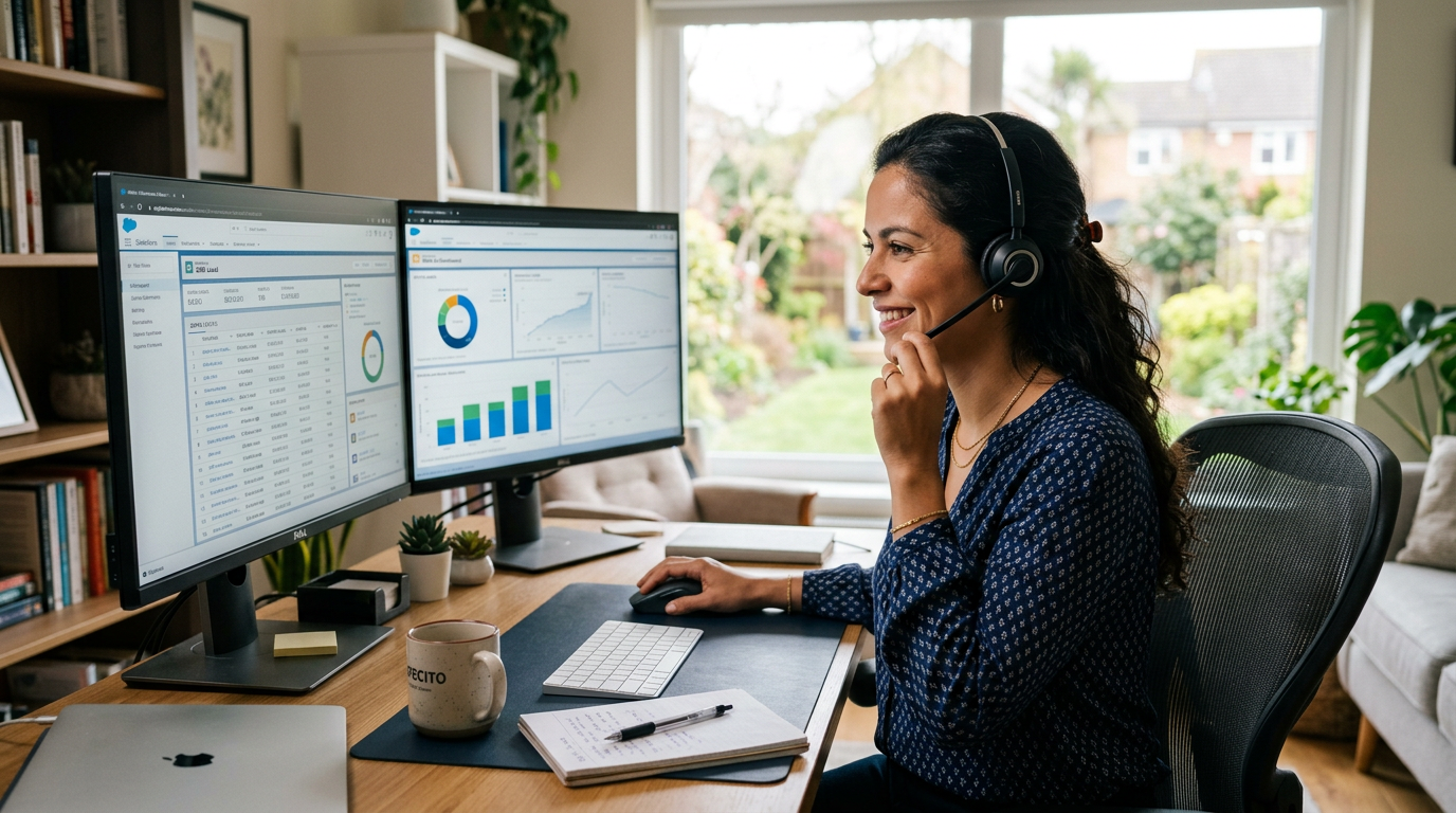 Bilingual Latin American call center agent working remotely at a modern desk with CRM software open, representing a nearshore bilingual call center