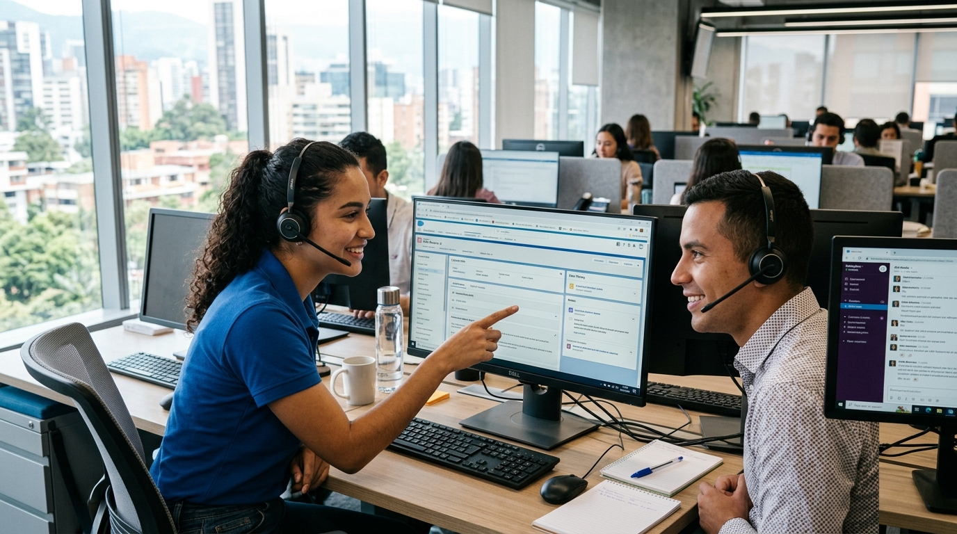Two nearshore bilingual call center agents in Latin America reviewing a shared CRM dashboard during a live customer call