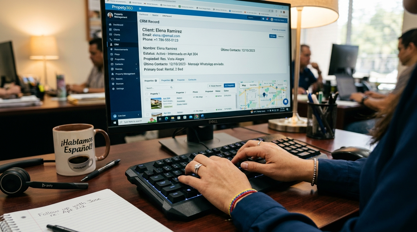 Nearshore bilingual call center agent updating a CRM record in property management software during a live customer call