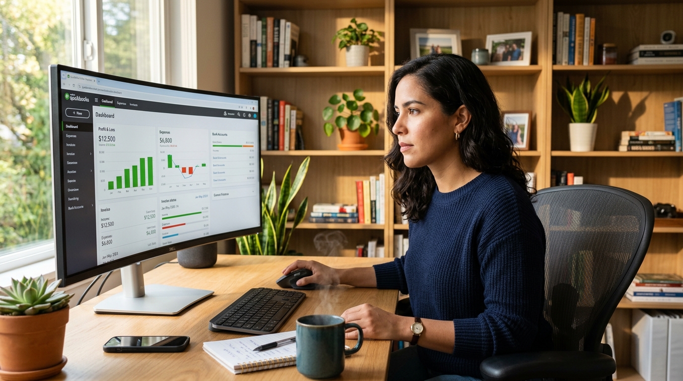 Nearshore bookkeeper reviewing QuickBooks dashboard in a modern Latin American home office with natural morning light