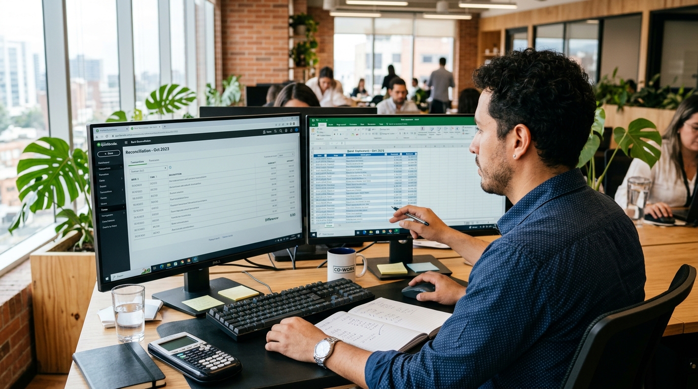 Nearshore bookkeeper comparing QuickBooks reconciliation and bank statements on dual monitors in a modern Latin American coworking space