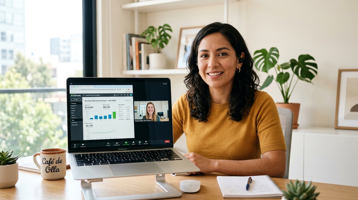 Nearshore bookkeeper on a video call with a US business client while reviewing a QuickBooks financial report in a Latin American home office