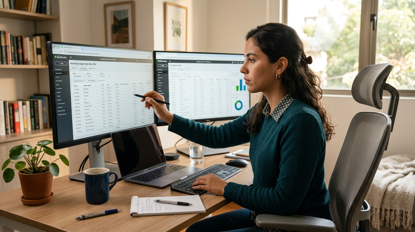 Nearshore bookkeeper in Latin America reviewing QuickBooks financial data on dual monitors during US business hours