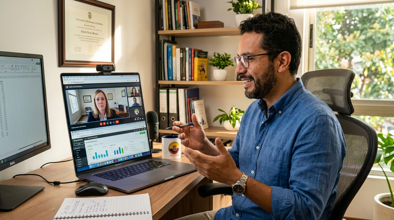 Nearshore bookkeeper on real-time video call with US client reviewing QuickBooks financial dashboard
