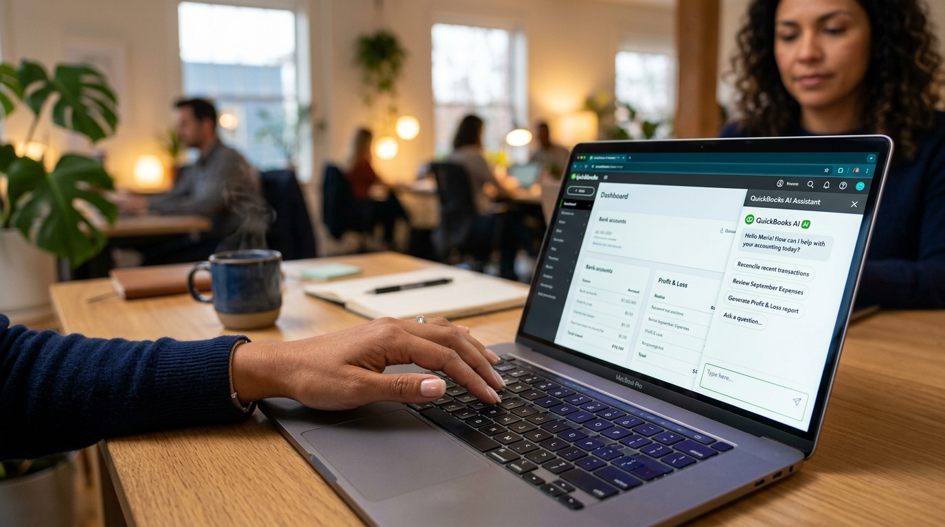Nearshore bookkeeper using AI copilot in QuickBooks to speed up transaction processing and financial reporting