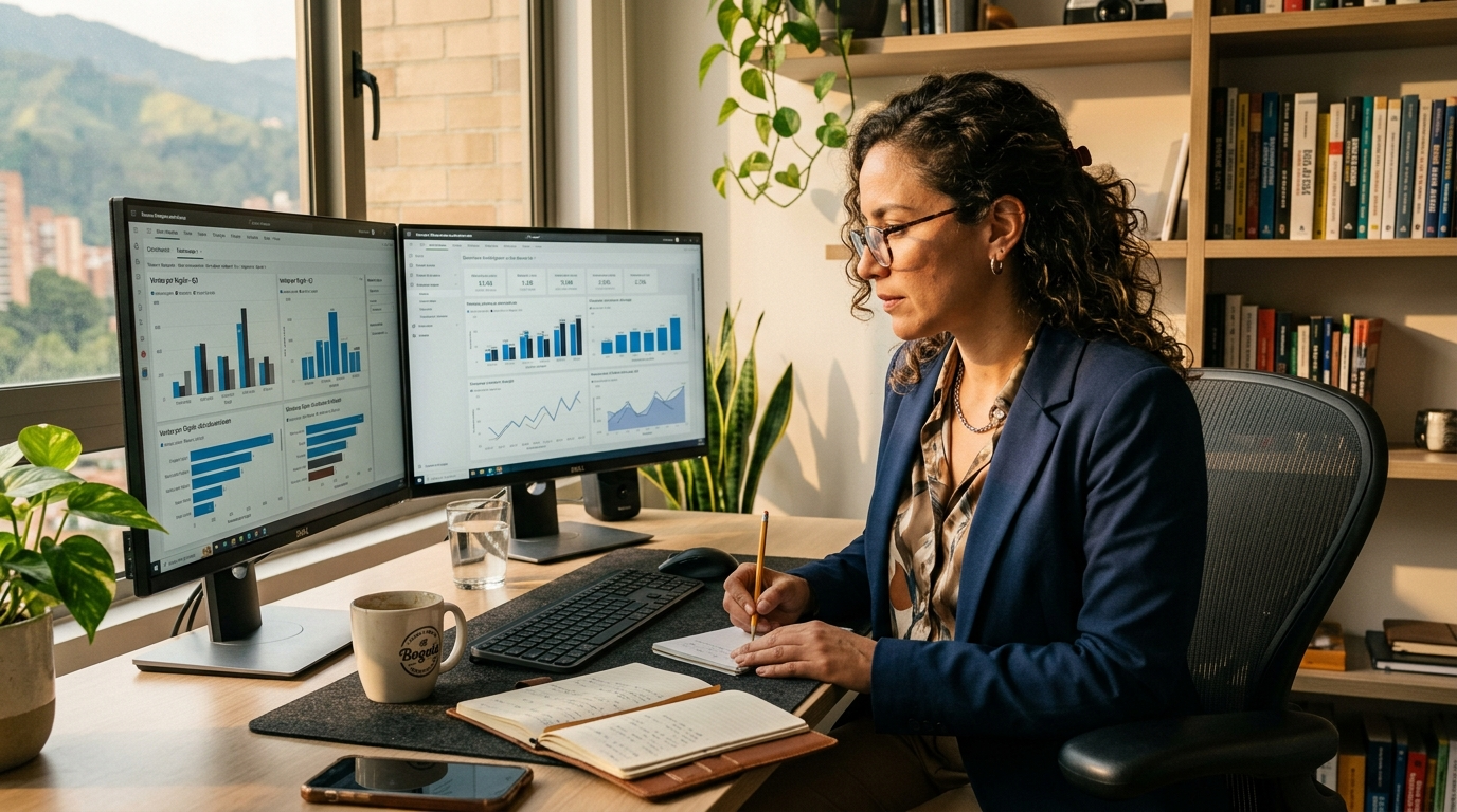 Latin American nearshore business operations specialist reviewing dashboards on dual monitors in a bright modern home office