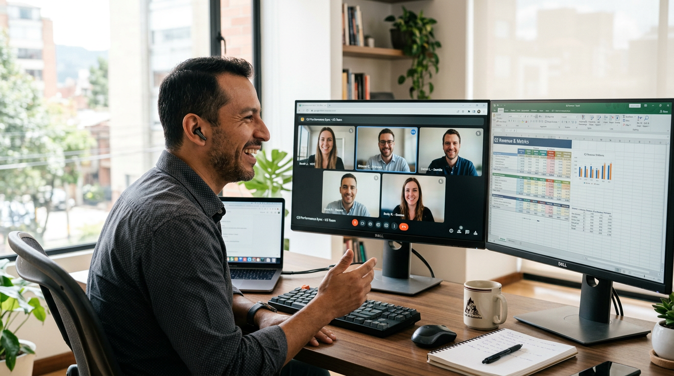 Nearshore business operations team member on live video call with US client during overlapping business hours