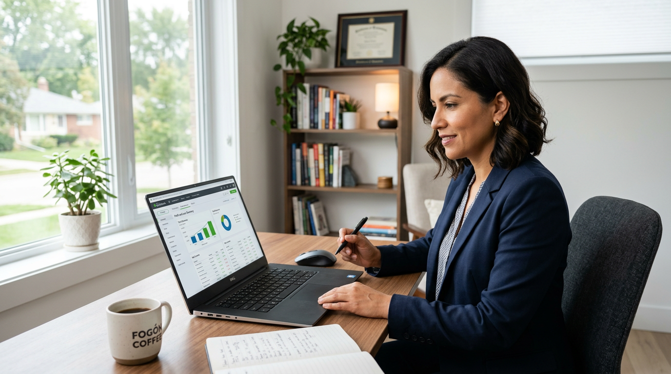 Nearshore bookkeeping specialist reviewing QuickBooks financial reports for a US business client from a Latin American home office