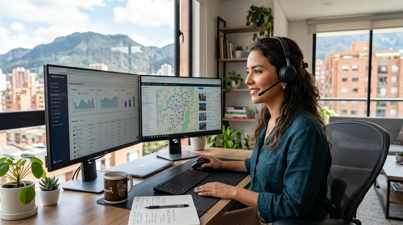 Latin American virtual assistant using nearshore business services to manage US property operations from a modern Bogotá home office