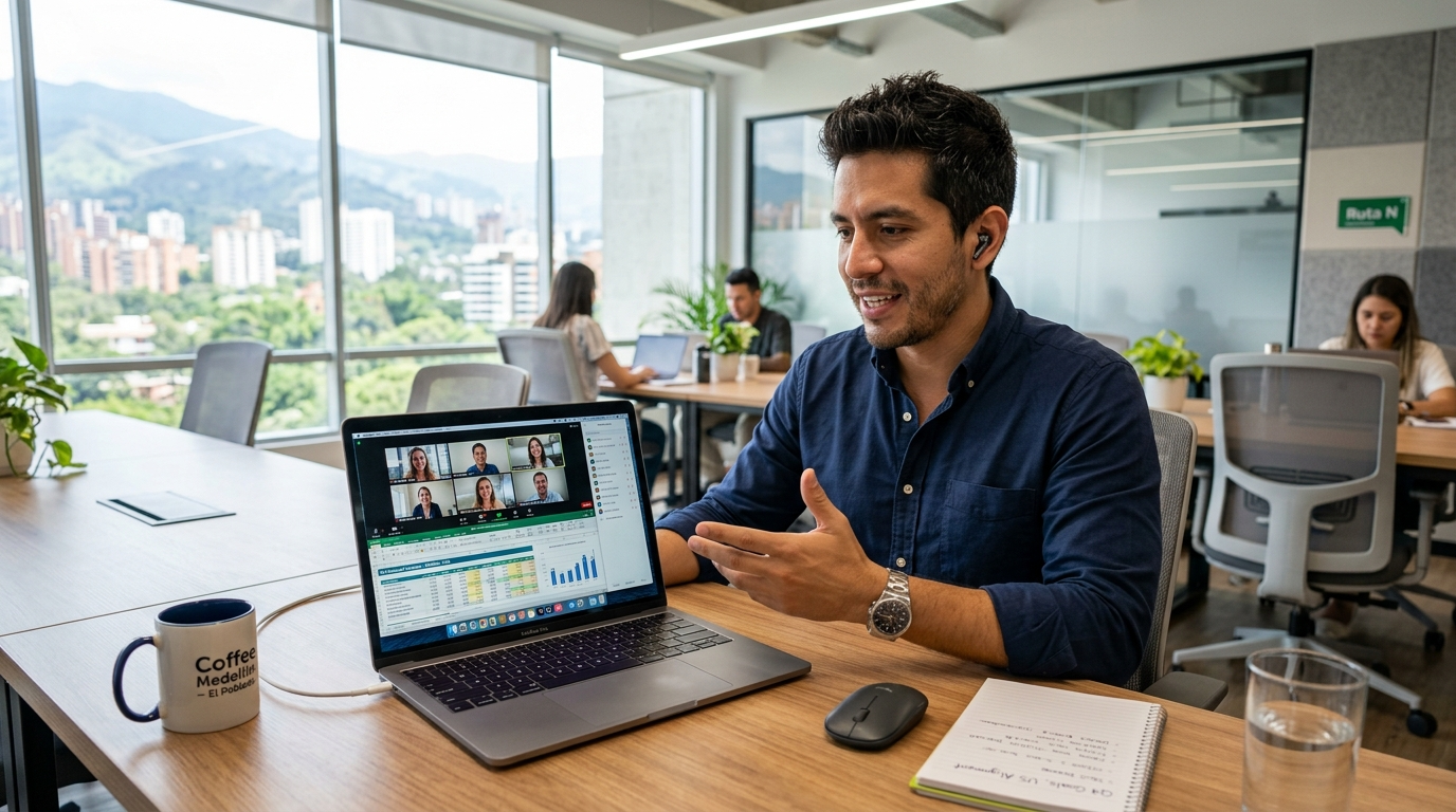 Nearshore business services team member in Medellín on a live video call with a US-based client, laptop showing financial data