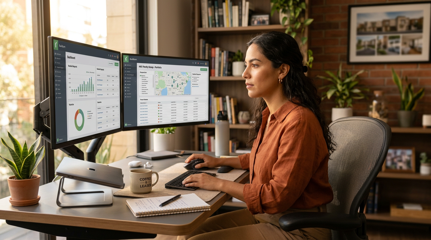 Latin American virtual assistant performing nearshore contractor recruitment tasks on dual monitors in a bright home office