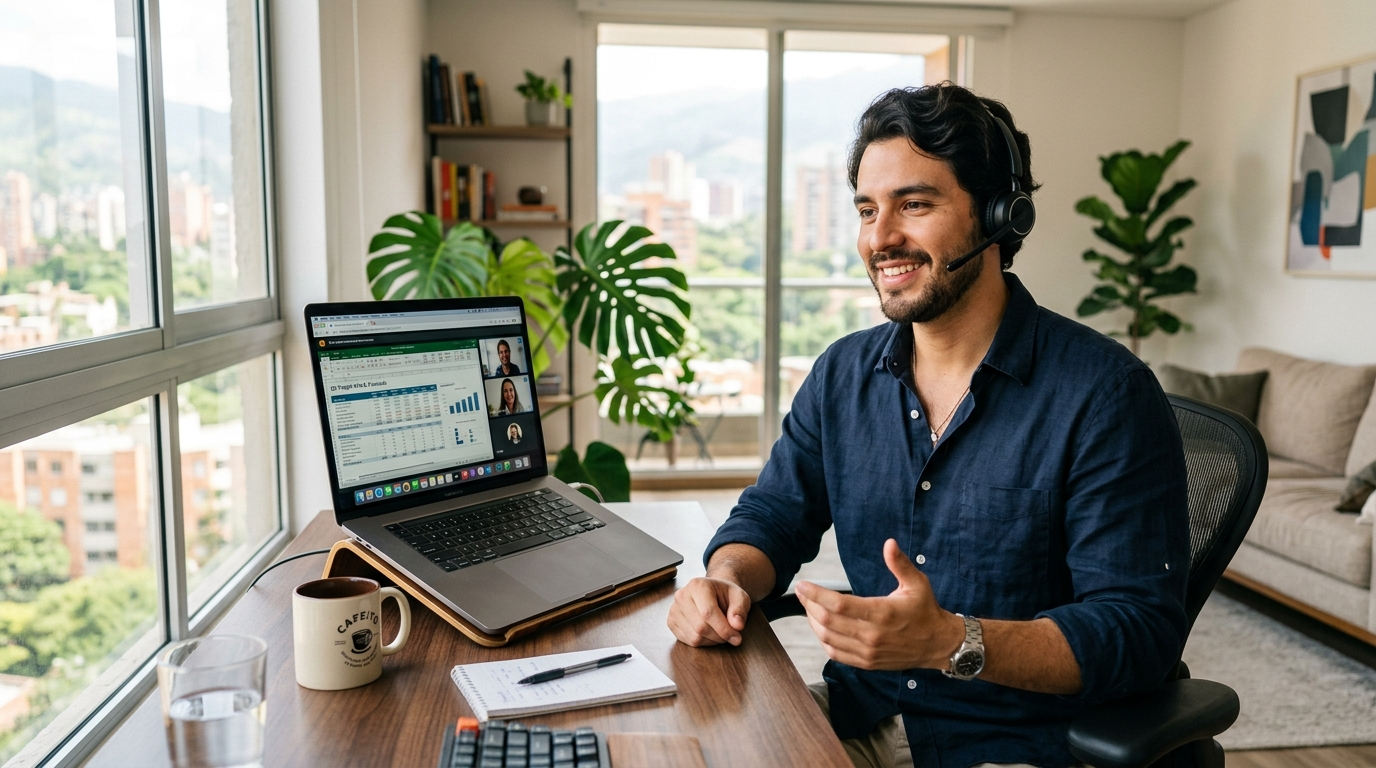 Nearshore contractor on video call during US business hours managing client tasks from Latin America