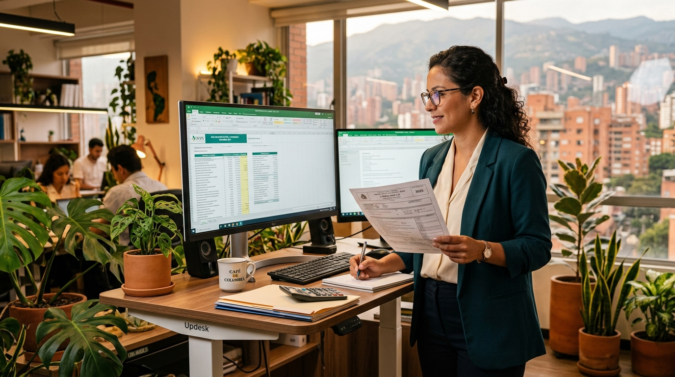 Nearshore CPA professional in Latin America reviewing tax compliance documents at a standing desk